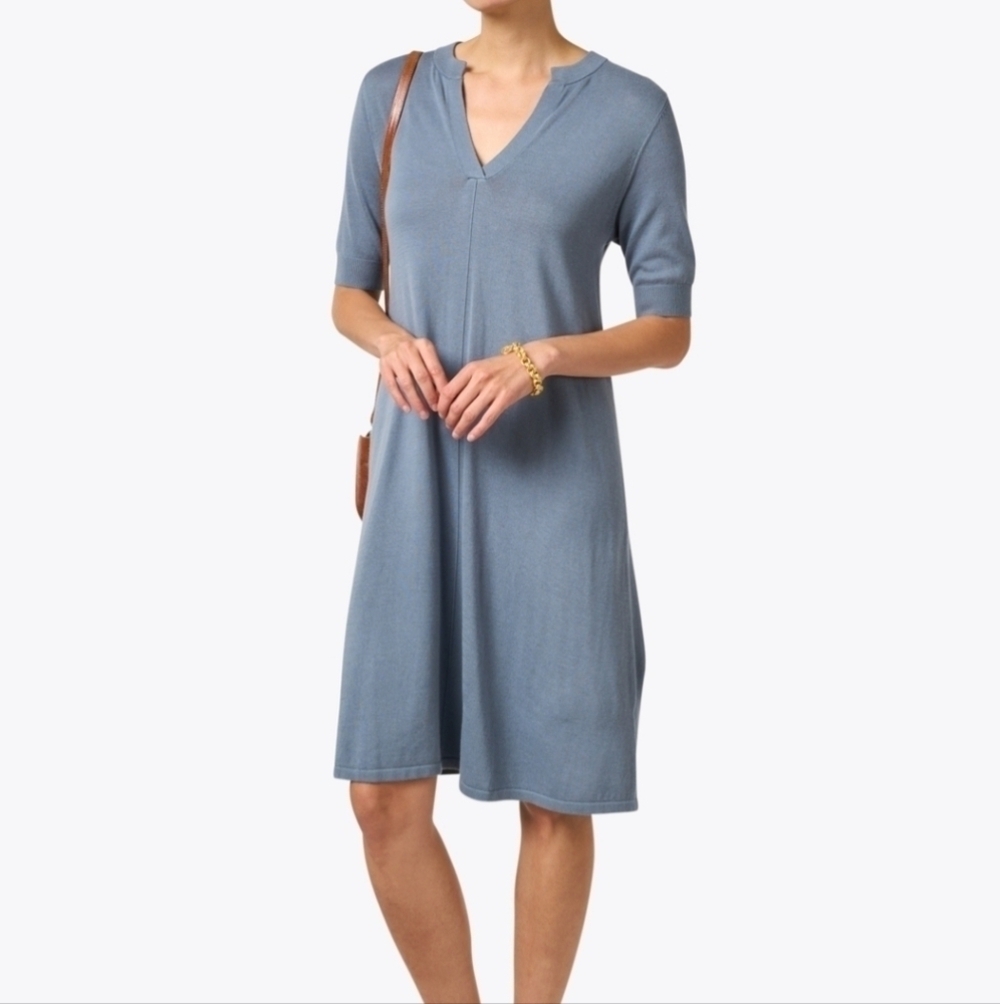 Repeat Cotton Blend Vneck Blue Knit Midi Shirtdress Minimalist Casual Basics M